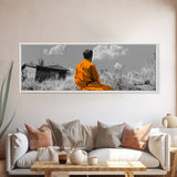 Solitude in Nature, Orange Robe Figure, Mindful Meditation Scene, Canvas Print, Boho Landscape, Zen Room Wall Art, Office Wall Decor