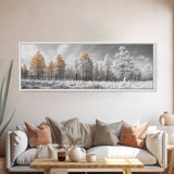 Snowy Forest Landscape, Frosted Pine Trees, Winter Wonderland Scene, Framed Canvas Print, Nordic Minimalist, Holiday Wall Art