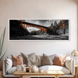 Autumn River Bridge, Orange Iron Arch, Canyon Flow Scene, Framed Canvas Print, Rustic Fall Decor, Entryway Wall Art, Living Room Decor