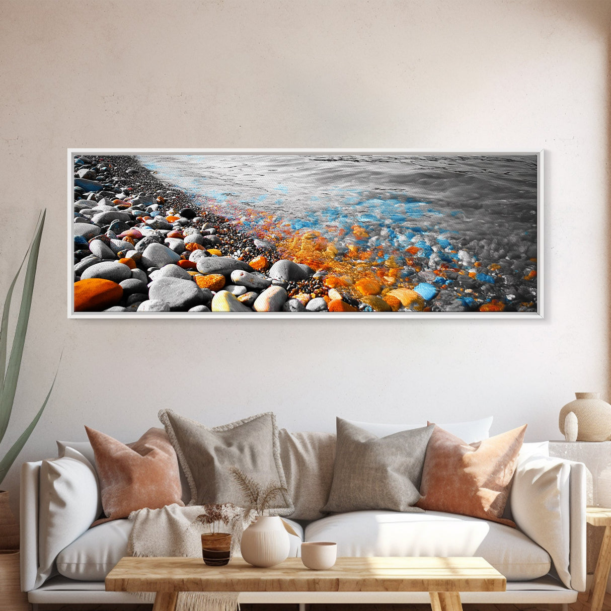 Colorful Pebble Shore, Vibrant Lake Stones, Blue Orange Rocks, Framed Canvas Print, Boho Coastal Style, Bathroom Wall Art
