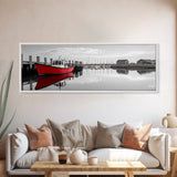 Red Fishing Boat, Harbor Reflection Scene, Calm Dockside Water, Framed Canvas Print, Nautical Art, Living Room Wall Decor