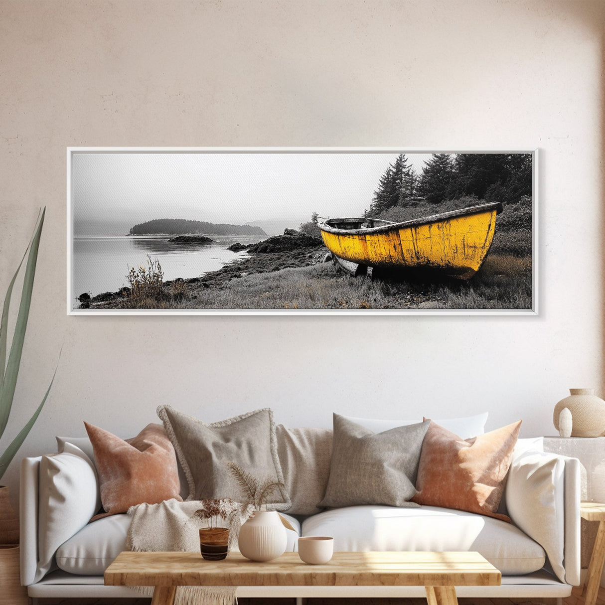 Yellow Rowboat Scene, Misty Coastal Landscape, Abandoned Boat Art, Framed Canvas Print, Rustic Nautical, Office Wall Art