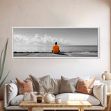 Orange Jacket, Solitude Man, Sea Gaze, Minimal Mood, Framed Canvas Print, Office Wall Art, Modern Decor, Reflective Photography