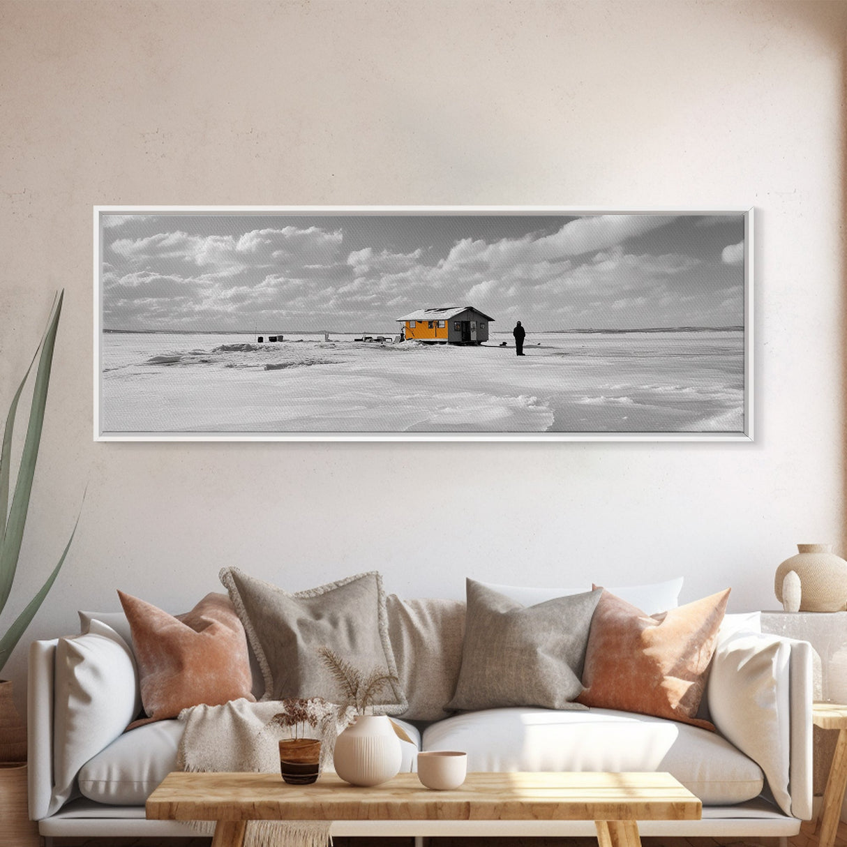 Winter Fishing, Ice House, Snowy Sky, Arctic Chill, Framed Canvas Print, Cabin Wall Art, Minimalist Winter Decor, Monochrome Scene