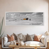 Winter Fishing, Ice House, Snowy Sky, Arctic Chill, Framed Canvas Print, Cabin Wall Art, Minimalist Winter Decor, Monochrome Scene