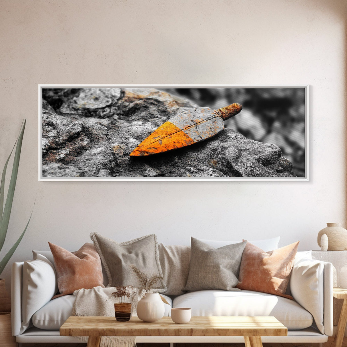 Tribal Blade, Ancient Weapon, Stone Texture, Orange Detail, Framed Canvas Print, Masculine Wall Art, Rustic Decor, Warrior Vibes
