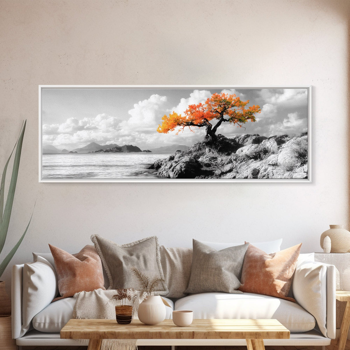 Autumn Tree, Coastal Cliff, Ocean Horizon, Framed Canvas Print, Autumn decor, rustic wall art, minimalist nature, neutral tones