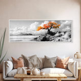 Autumn Tree, Coastal Cliff, Ocean Horizon, Framed Canvas Print, Autumn decor, rustic wall art, minimalist nature, neutral tones