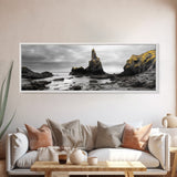 Sea Stacks, Rocky Shore, Golden Moss, Framed Canvas Print, coastal wall art, moody ocean print, beach house decor, nature photography
