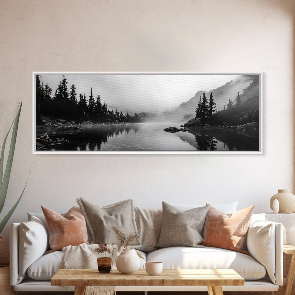 Foggy Pines, Mountain Reflection, Monochrome Wilderness, Canvas Print, black and white wall art, cabin decor, minimalist forest scene