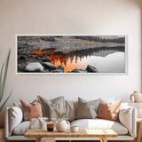 Orange Reflection Lake, Rocky Shoreline, Autumn Forest View, Canvas Print, Nature Photography, Rustic Wall Art, Cabin Living Room Decor