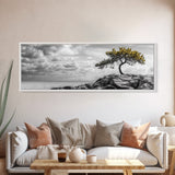 Lone Tree Cliff, Windy Ocean View, Golden Branches, Canvas Print, Moody Landscape Art, Neutral Tones, Office Wall Decor, Minimalist Style
