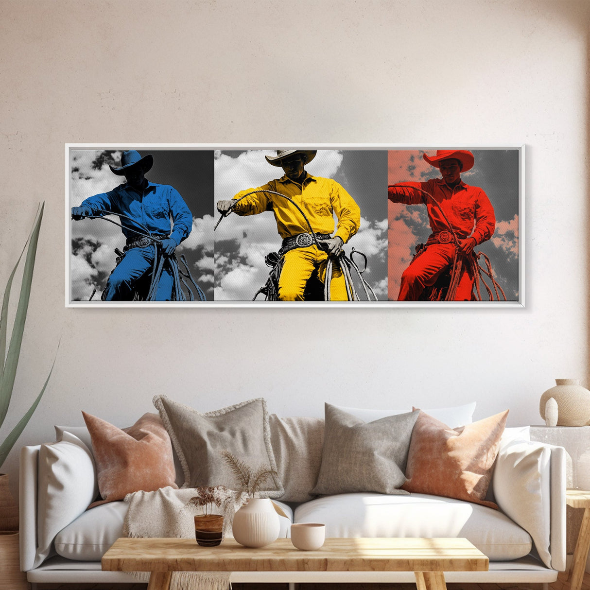 Cowboy Pop Art, Red Yellow Blue Trio, Western Rodeo Style, Framed Canvas Print, Bold Color Wall Art, Man Cave Decor, Modern Western Art