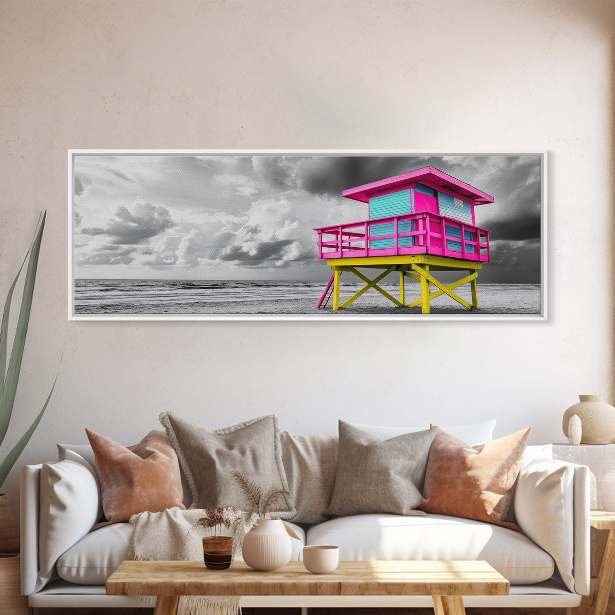 Miami Lifeguard Tower, Vibrant Beach Hut, Pink Yellow Blue, Canvas Print, Coastal Pop Art, Teen Room Decor, Colorful Summer Wall Art