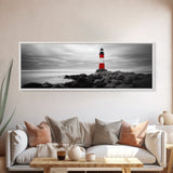 Lighthouse Coastline, Red Beacon, Stormy Sea, Black and White Landscape, Framed Canvas Print, Nautical Decor, Office Wall Art, Modern Style