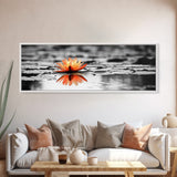Tranquil Lotus, Zen Water, Orange Glow, Reflective Serenity, Framed Canvas Print, Bedroom Wall Art, Spa Decor, Boho Style, Meditation Vibe