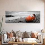 Beach Buoy, Coastal Drift, Orange Marker, Tidal Shore, Framed Canvas Print, Bathroom Wall Decor, Nautical Minimalism, Modern Ocean Art