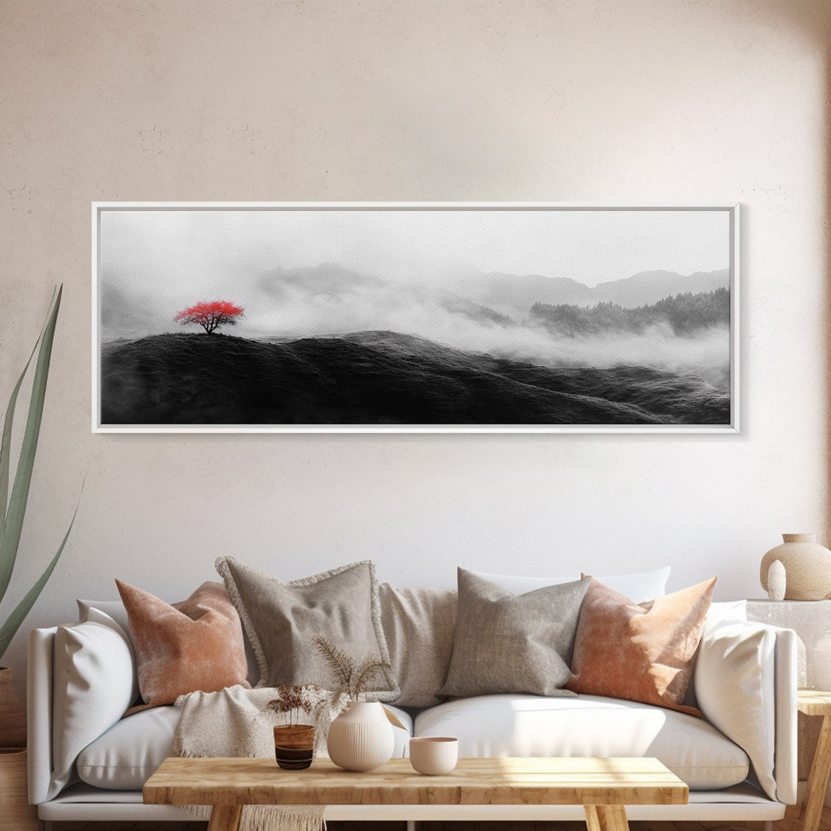 Lone Red Tree, Misty Hills, Minimalist Landscape, Framed Canvas Print, serene bedroom wall art, abstract black and white decor