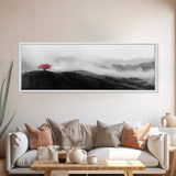 Lone Red Tree, Misty Hills, Minimalist Landscape, Framed Canvas Print, serene bedroom wall art, abstract black and white decor