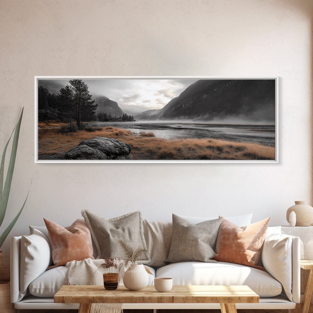 Misty Lake, Mountain Valley, Autumn Morning, Canvas Print, peaceful wilderness scene, rustic cabin decor, cozy nature artwork