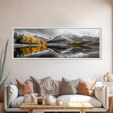 Yellow Autumn Forest, Lake Reflection, Black White Mountains, Canvas Print, Rustic Wall Art, Living Room Nature Scene