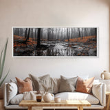 Autumn Forest Stream, Bare Trees, Orange Leaves, Framed Canvas Print, Fall Wall Art, Cozy Nature Scene, Entryway Decor