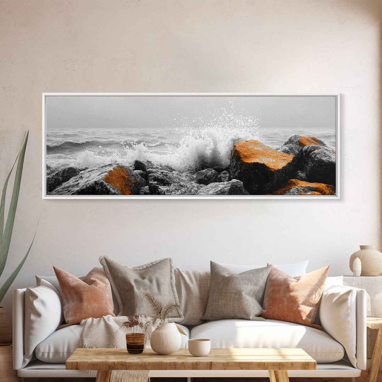 Orange Splash Rocks, Coastal Waves, Sea Spray Art, Canvas Print, Modern Beach Decor, Nature Wall Art, Bold Ocean Landscape
