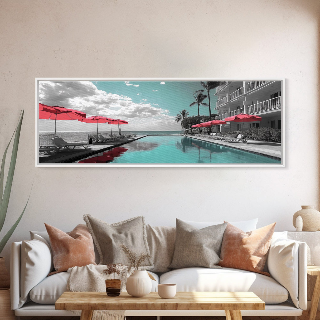 Poolside Escape, Beach Umbrellas, Luxury Retreat, Modern Resort, Framed Canvas Print, Vacation Vibes, Coastal Living, Bedroom Wall Art