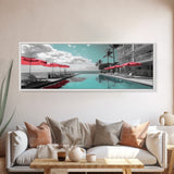 Poolside Escape, Beach Umbrellas, Luxury Retreat, Modern Resort, Framed Canvas Print, Vacation Vibes, Coastal Living, Bedroom Wall Art
