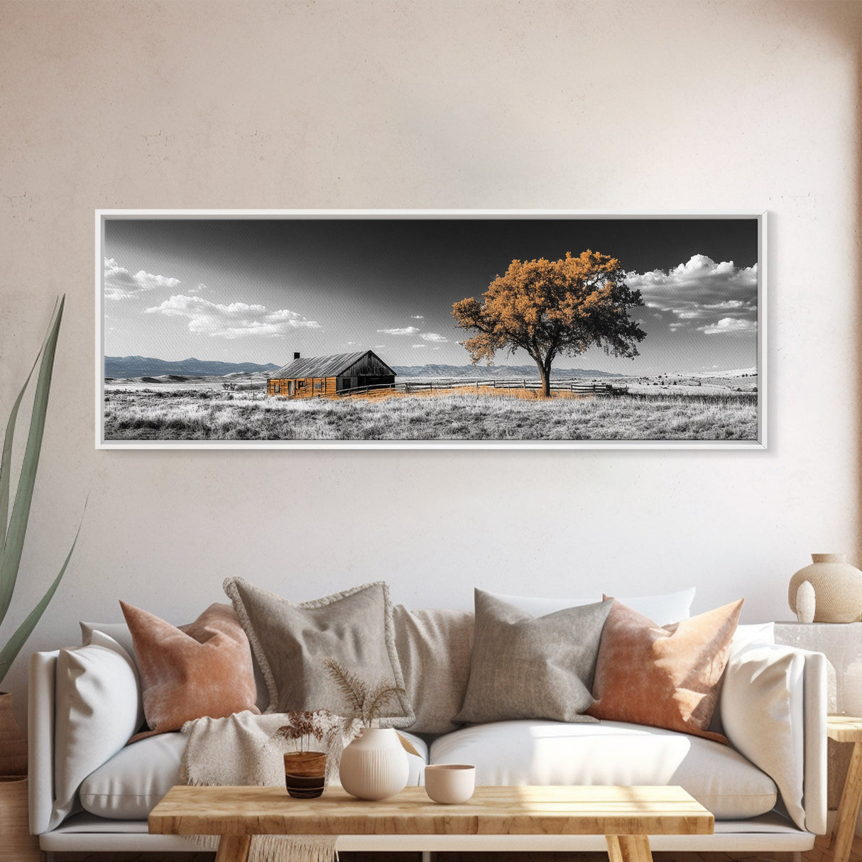 Prairie Cabin, Golden Tree, Rural Landscape, Open Sky, Framed Canvas Print, Country Decor, Farmhouse Wall Art, Rustic Bedroom Style