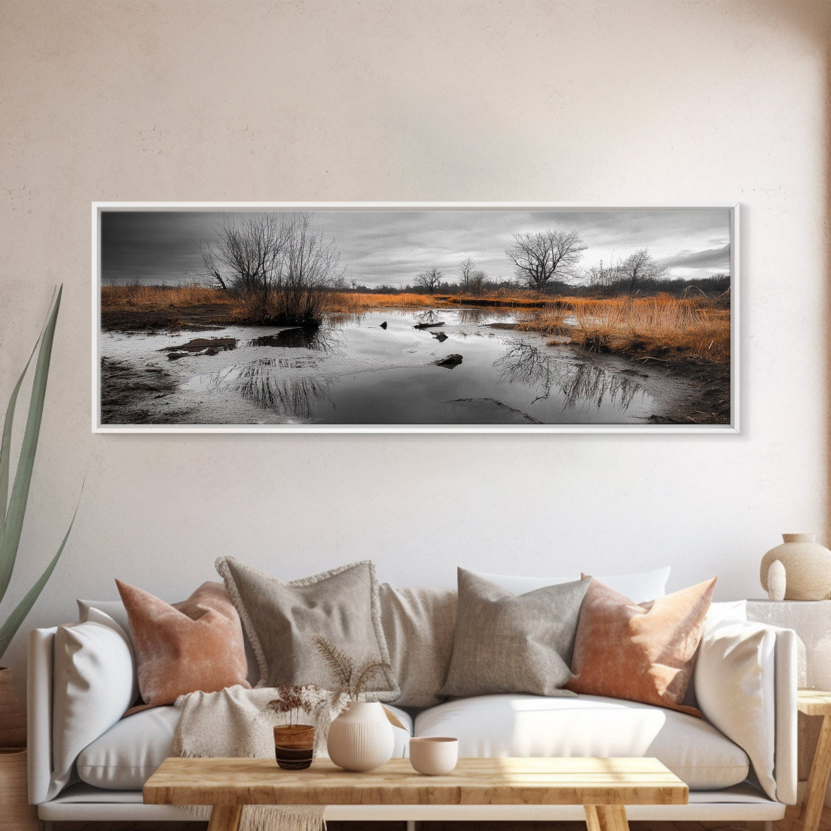 Marshland Autumn, Nature Landscape, Golden Hour Swamp View, Framed Canvas Print, Rustic Fall Home Decor, Entryway or Office Wall Art
