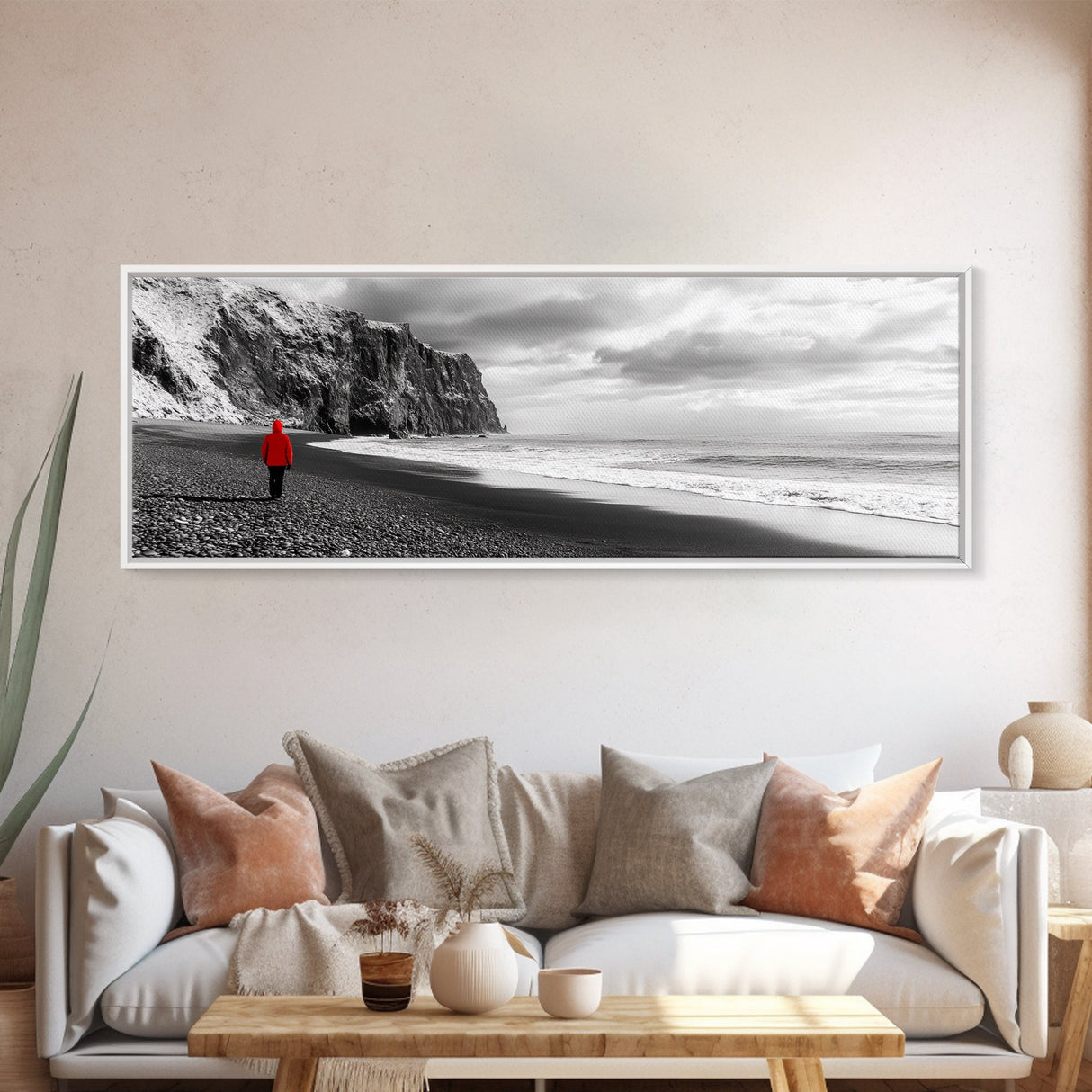 Red Jacket Wanderer, Moody Coastal Cliff Scene, Monochrome Photography, Framed Canvas Print, Modern Minimalist Office Wall Art
