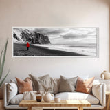Red Jacket Wanderer, Moody Coastal Cliff Scene, Monochrome Photography, Framed Canvas Print, Modern Minimalist Office Wall Art