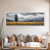 Lone Tree, Yellow Meadow, Autumn Landscape, Moody Forest, Framed Canvas Print, Nature Photography, Cabin Wall Art, Fall Home Decor