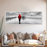 Red Jacket Walk, Rainy Boardwalk Scene, Urban Solitude, Moody Landscape Photography, Canvas Print, Entryway Wall Art, Minimalist Decor