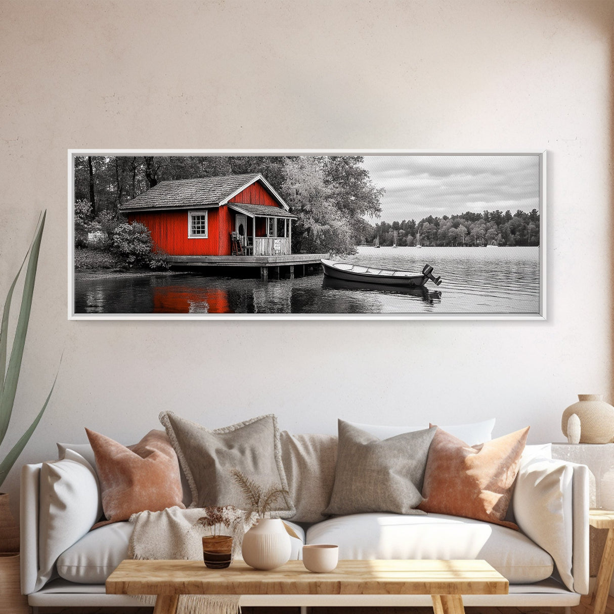 Lakeside Cabin Red, Boat House Retreat, Serene Waterfront, Autumn Color Pop, Canvas Print, Cozy Living Room Wall Art, Nature Home Decor