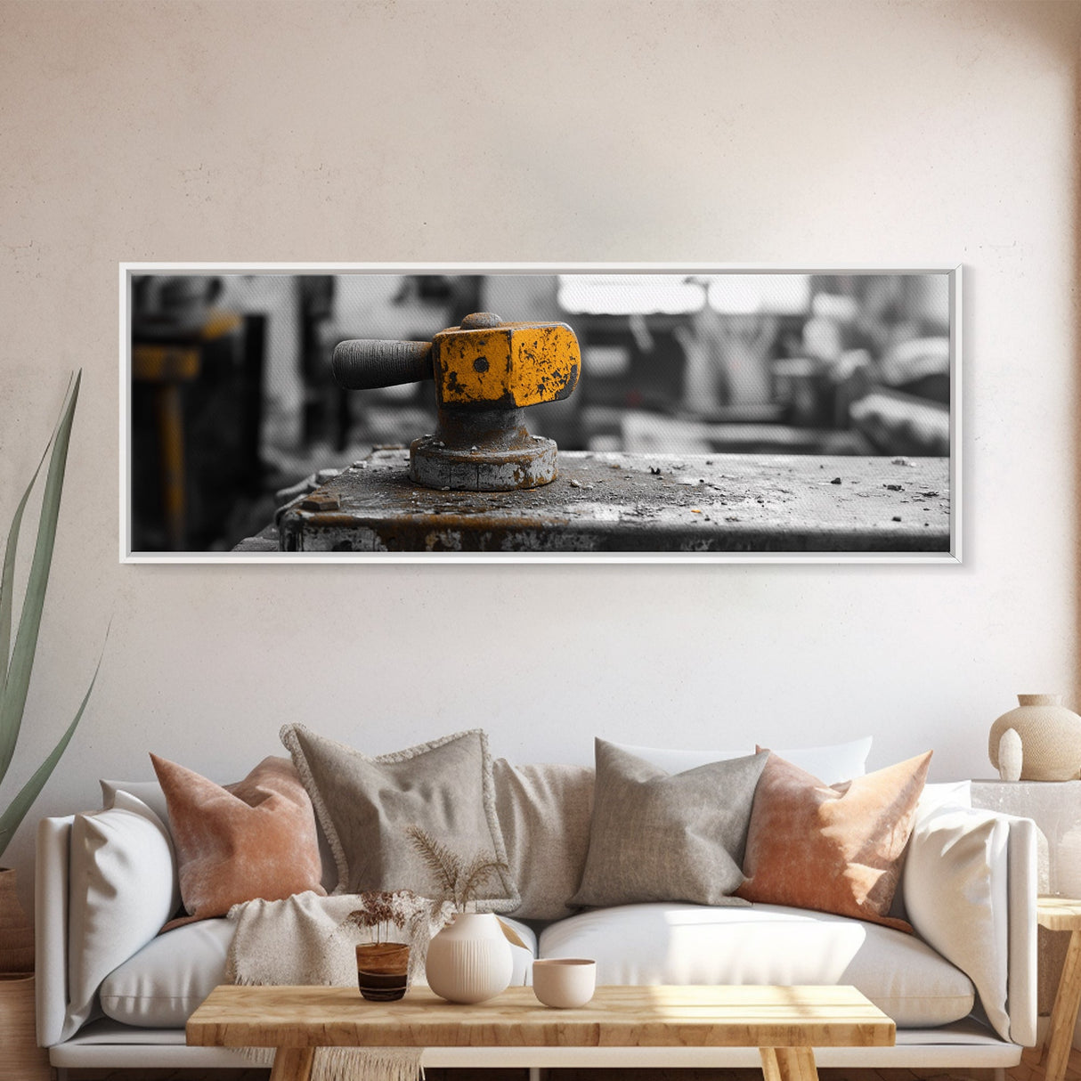 Yellow Metal Lever, Industrial Machine Detail, Workshop Photography, Gritty Rustic Vibe, Canvas Print, Garage Wall Art, Urban Loft Decor