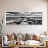 Red Lighthouse Coast, Seaside Rock Jetty, Stormy Sky Mood, Nautical Beacon View, Canvas Print, Bathroom Wall Art, Coastal Modern Decor