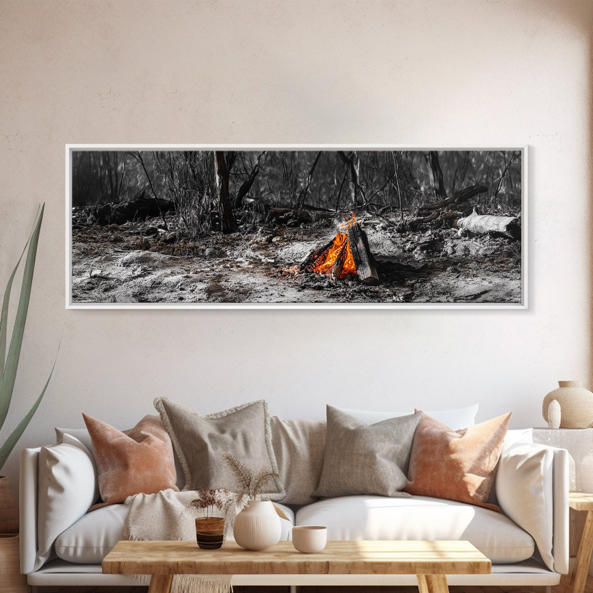 Ember Campfire, Twilight Glow, Nature Heat, Forest Shadows, Framed Canvas Print, Outdoor Wall Art, Fall Rustic Decor, Adventure Accent
