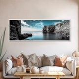 Serene Cove, Cliff Reflections, Blue Water, Coastal Escape, Framed Canvas Print, Tranquil Ocean Art, Bathroom or Spa Wall Decor