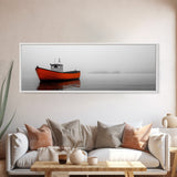 Orange Boat, Ocean Mist, Foggy Seascape, Calm Waters, Framed Canvas Print, Minimalist Nautical Art, Peaceful Wall Decor for Bedroom