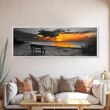 Sunset Beach Bench, Serene Coastal Scene, Solitude View, Framed Canvas Print, Minimalist Wall Art, Living Room, Relaxing Home Decor