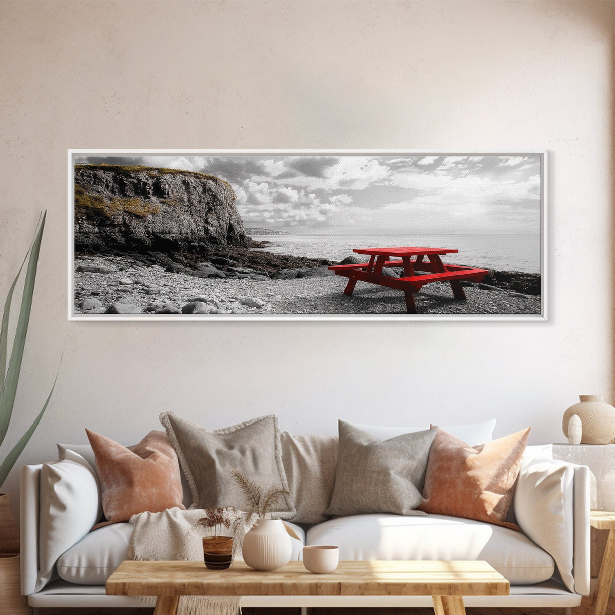 Red Picnic Table, Rocky Shore Cliffs, Bold Coastal View, Framed Canvas Print, Rustic Wall Art, Cabin Decor, Nature Lovers Gift