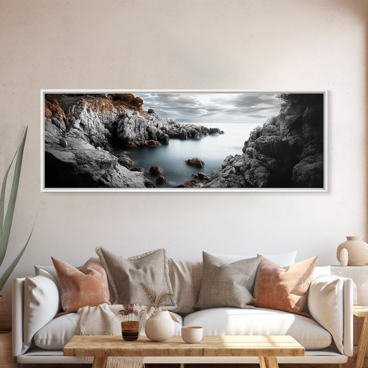 Hidden Rocky Cove, Tranquil Ocean View, Majestic Seascape, Framed Canvas Print, Nature Inspired Wall Art, Bedroom Coastal Decor