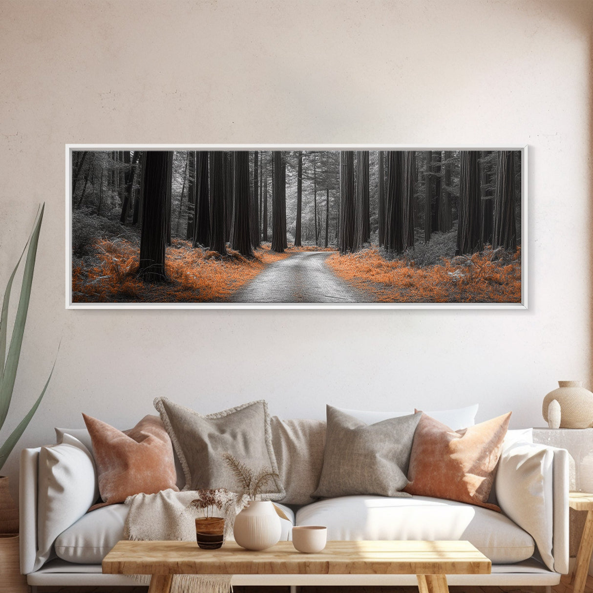 Redwood Forest Path, Serene Nature Trail, Autumn Ground Cover, Framed Canvas Print, Fall Wall Art, Rustic Home Decor, Woodland Scene