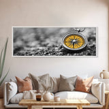 Golden Compass Closeup, Adventure Exploration Theme, Vintage Nautical Design, Framed Canvas Print, Office Wall Art, Travel Lover Gift