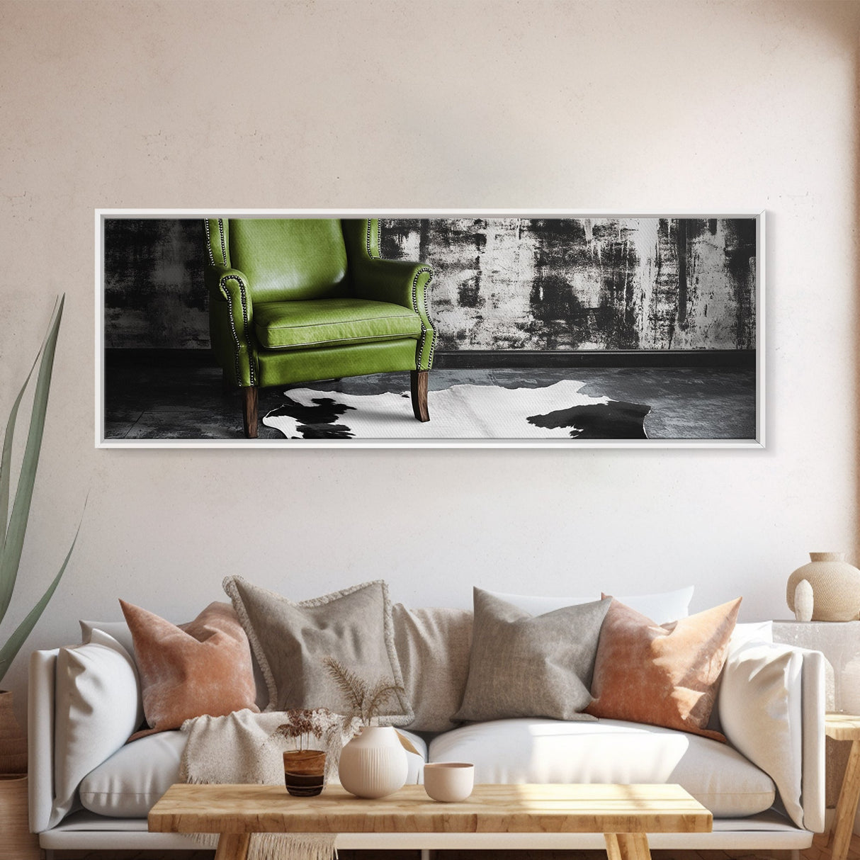 Green Leather Chair, Industrial Urban Scene, Chic Lounge Interior, Framed Canvas Print, Modern Wall Art, Man Cave Office Decor