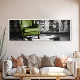 Green Leather Chair, Industrial Urban Scene, Chic Lounge Interior, Framed Canvas Print, Modern Wall Art, Man Cave Office Decor