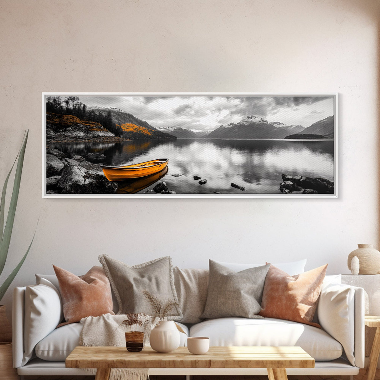 Golden Rowboat Reflections, Lake Mountain Art, Scenic Boat Landscape, Framed Canvas Print, Coastal Wall Art, Fall Living Room Decor