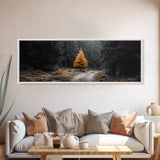 Lone Golden Tree, Forest Path Landscape, Moody Nature Wall Art, Framed Canvas Print, Minimalist Fall Decor, Entryway Accent Piece